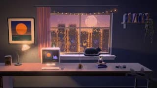 A still of the Lofi Room template in the Blue Hour style, with our test cover
