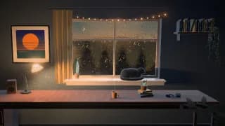A still of the Lofi Room template in the Forest Cabin style, with our test cover