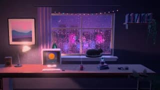 A still of the Lofi Room template in the Neon City style, with our test cover