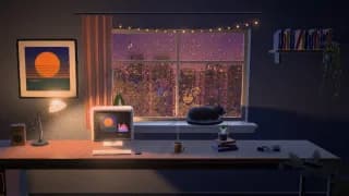 A still of the Lofi Room template in the Night Rain style, with our test cover