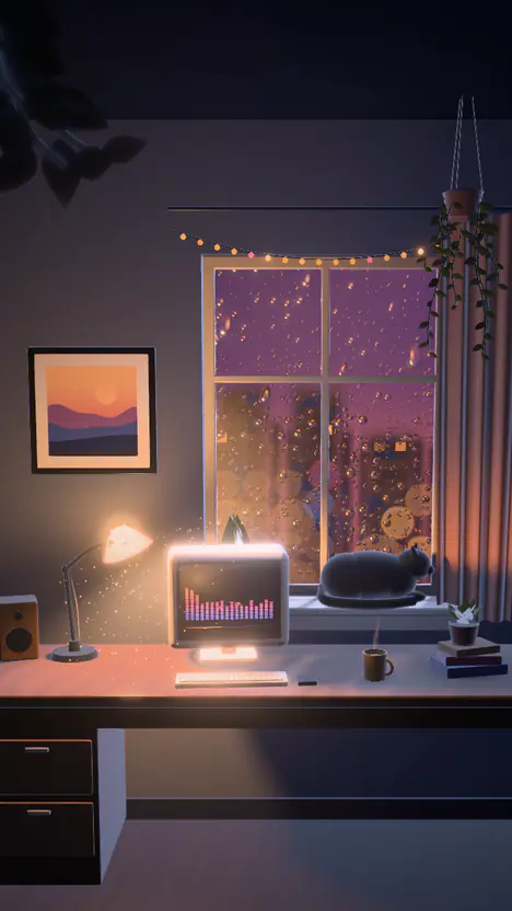 A Spotify Canvas loop rendered in Lofi Room, Night Rain style, in its own 9:16 layout: a tall rainy window over a desk, behind the now-playing screen