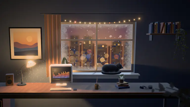 The Lofi Room template in the Snowfall style: snow falling past a frosted window, the fairy lights bright over the desk, rendered from our demo song