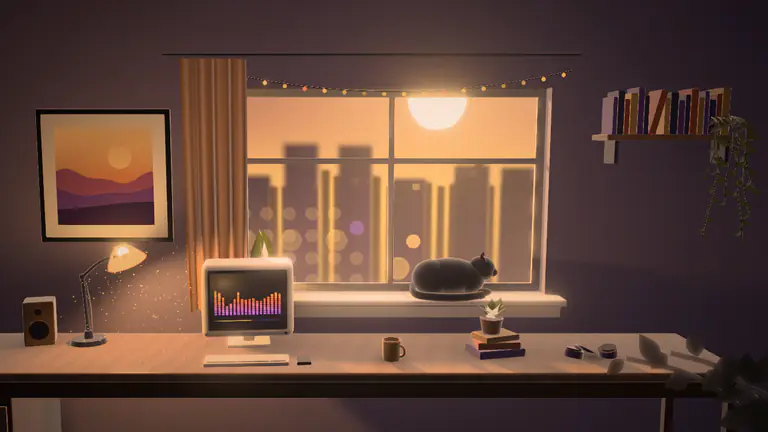 The Lofi Room template in the Sunset Study style: golden-hour light through clear glass onto a desk with a half-lit lamp, rendered from our demo song
