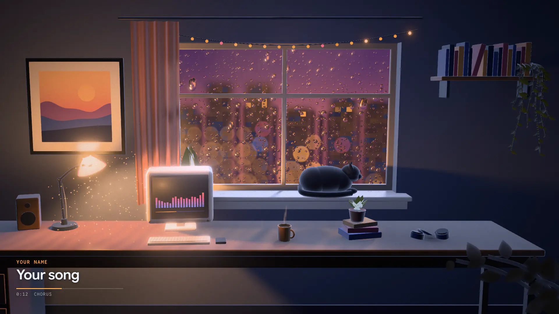 The Lofi Room template in the Night Rain style: a dim room at night, rain running down a big window over a desk with a lamp and a monitor, city lights blurred outside and the title card on the left, rendered from our demo song