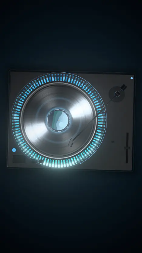 The Vinyl template in the Neon Platter style in its own 9:16 layout, seen from above, a block ring in spectral colours, in a vertical feed