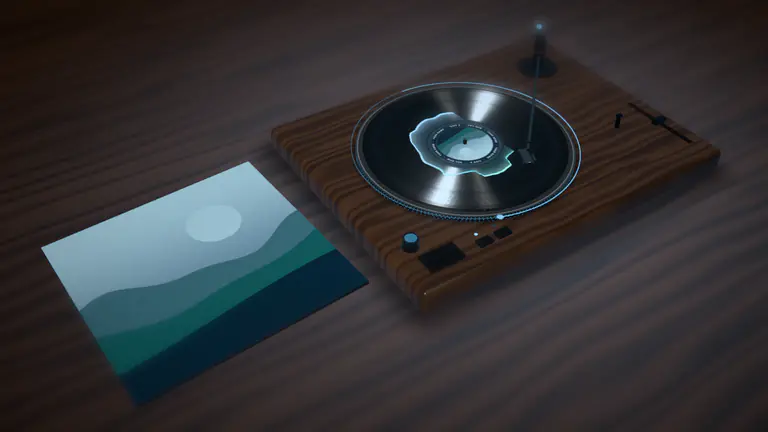 The Vinyl template in the Walnut Room style: a walnut deck on a wood table at three-quarters, a wave ring round the label, rendered from our demo song