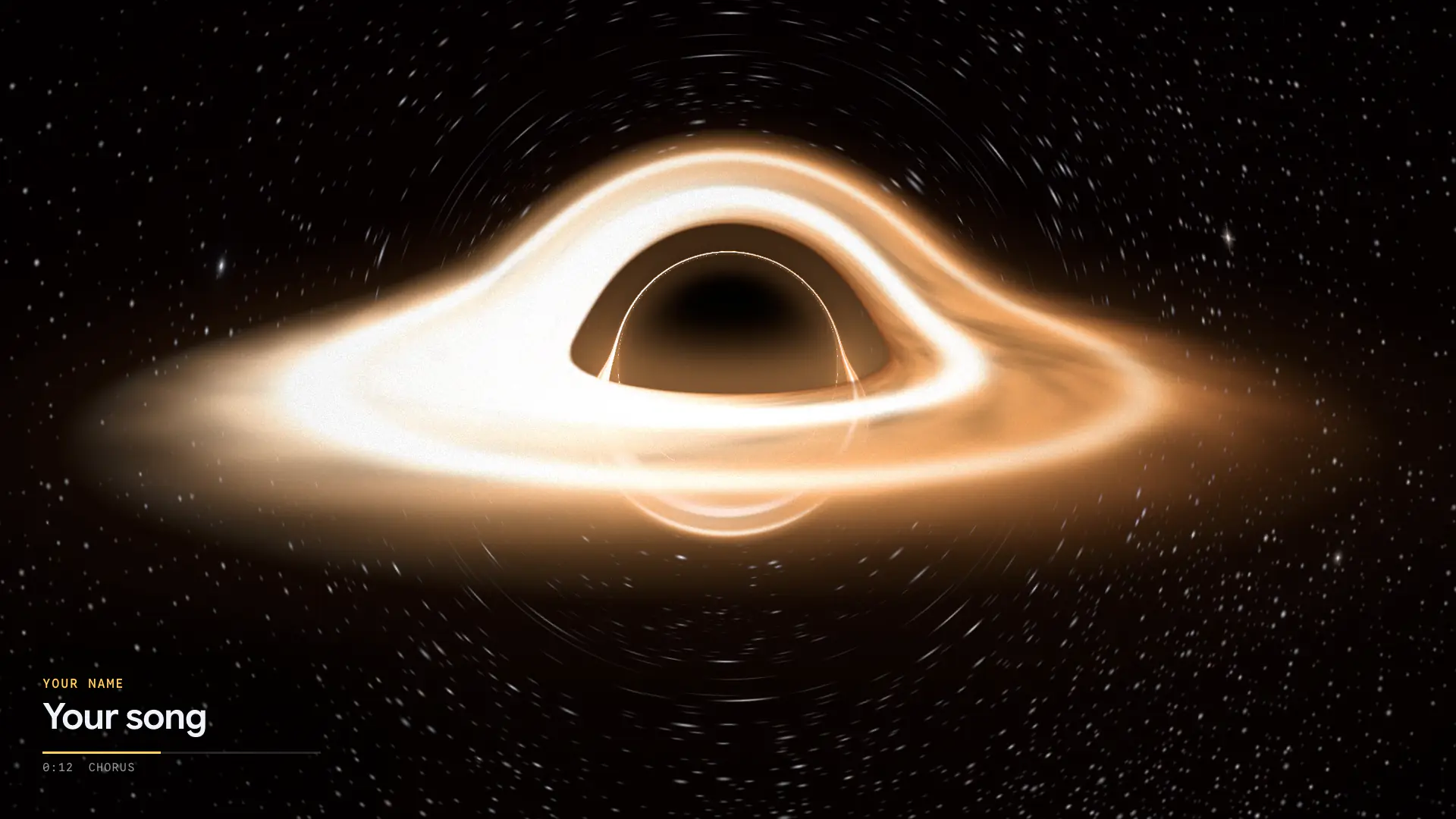 Cosmic template, Event Horizon style: a black hole's accretion disk spins with the bass and flares on the drop, the song title in the corner