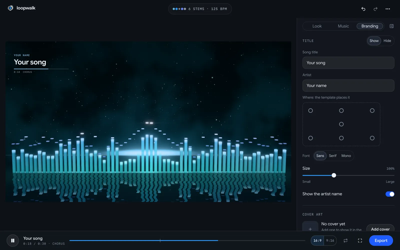 The studio's Branding tab: the title card's position grid, font and size, and the cover art setting