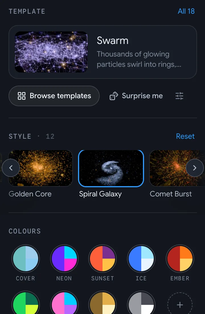 The studio's Look tab: the template card for Swarm, its styles, the colour palettes and the effects